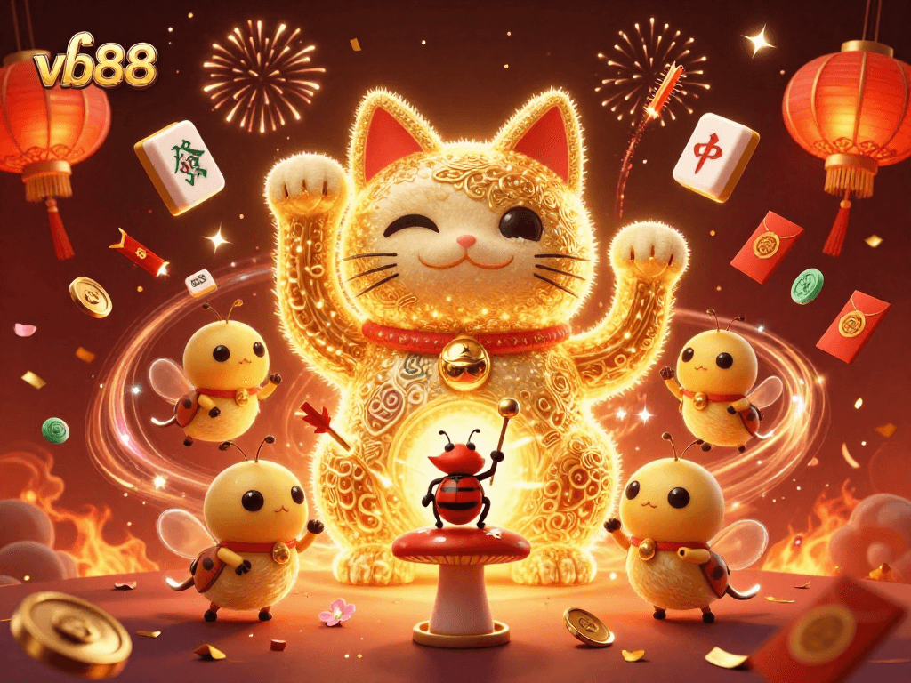 vb88 showcases a vibrant casino scene with a lucky cat and festive elements highlighting a winning atmosphere.