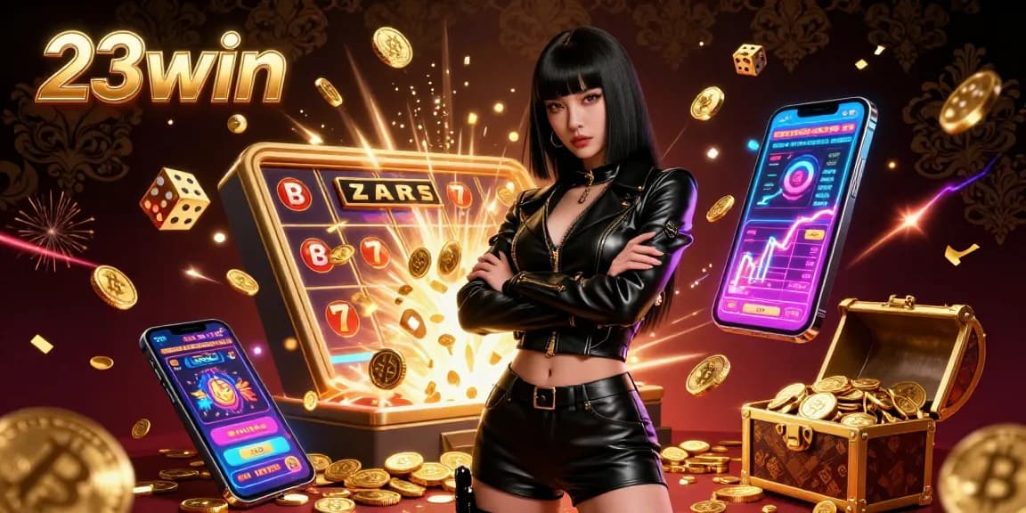 Experience the thrill of 23win with a stunning black leather heroine, gaming elements, and jackpot excitement.