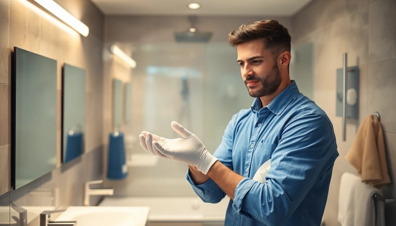 Professioneller Klempner im Sanitär Notdienst repariert ein leichtes Leck in einem Badezimmer.
