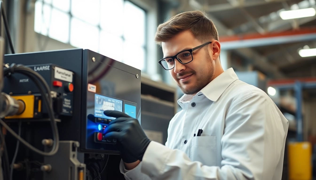 Techniker führt eine DGUV V3 Prüfung an einer elektrischen Maschine durch, um Sicherheit und Funktionsfähigkeit zu gewährleisten.