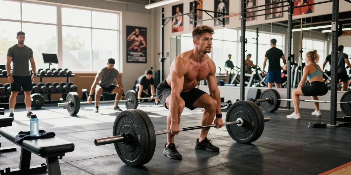 Professioneller Bodybuilder hebt Gewichte in einem lebhaften Fitnessstudio und repräsentiert den Fitnessfokus des Anabolika-Shop Deutschland.