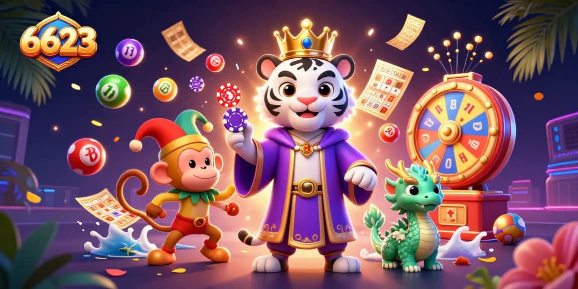 Engage in thrilling gaming at 6623 with vibrant lottery elements and dynamic casino characters.
