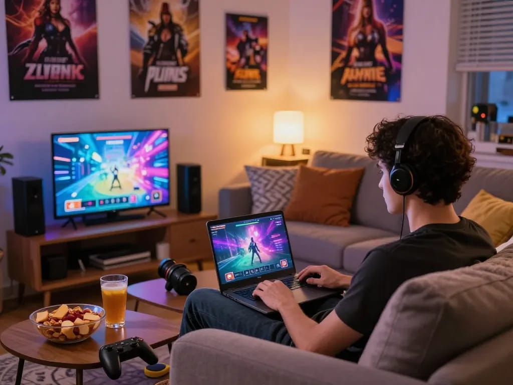 Player enjoying engaging porn ganes in cozy living room, showcasing interactive gaming experience.