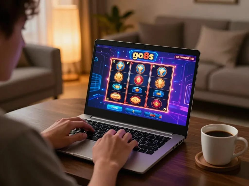 Player enjoying go8s online casino gaming experience on a laptop in a cozy home environment.