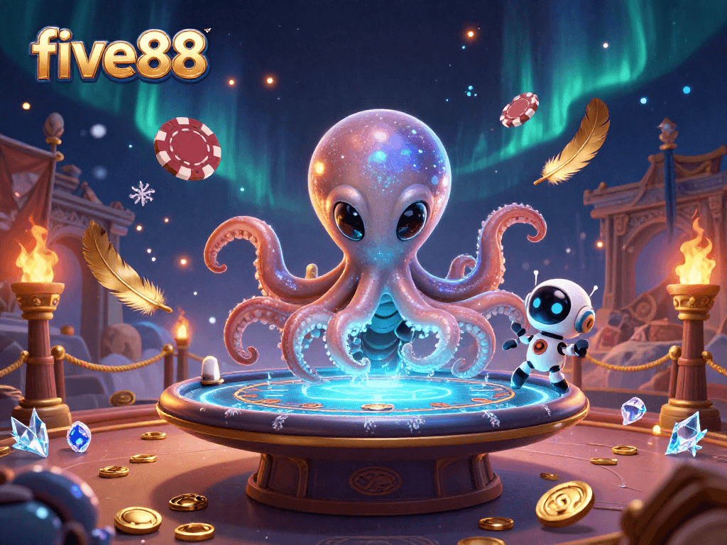 five88 showcases an alien octopus managing a holographic poker table amidst a vibrant casino scene