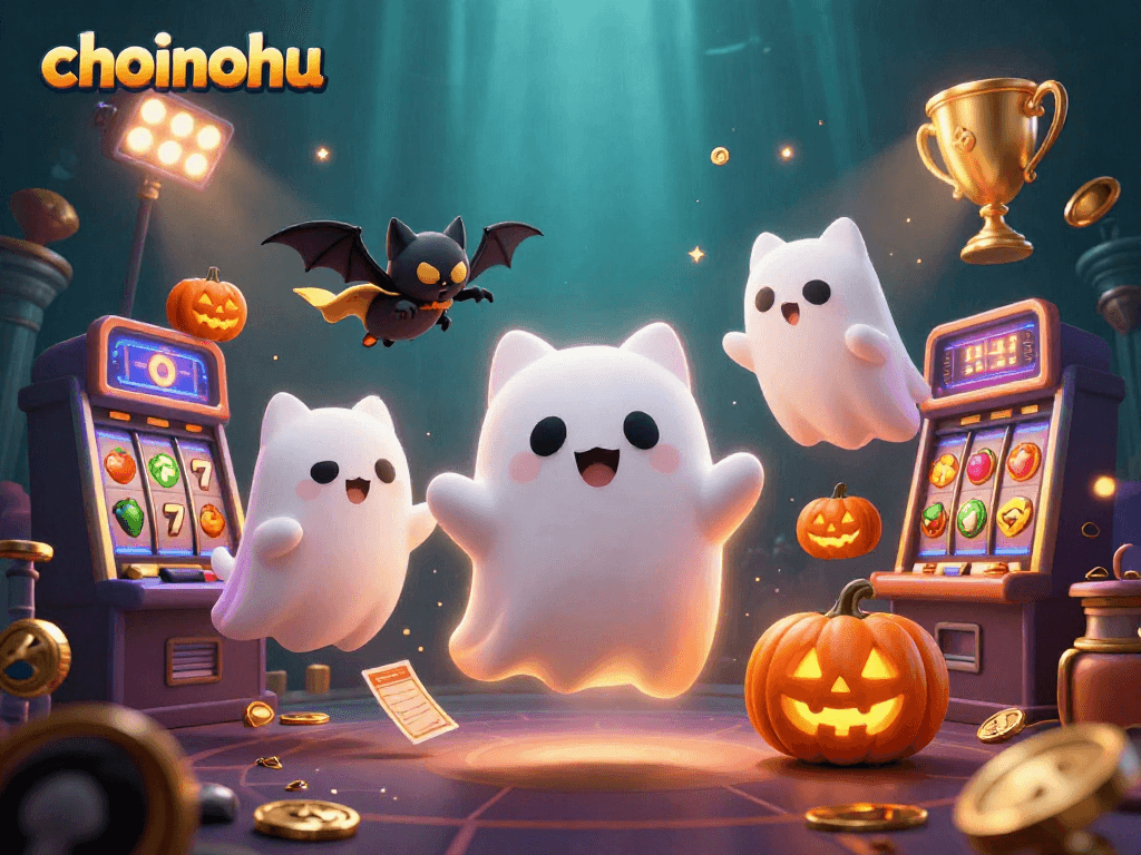 Join the fun at choinohu with a ghost cat and vampire bat in a lively haunted casino.