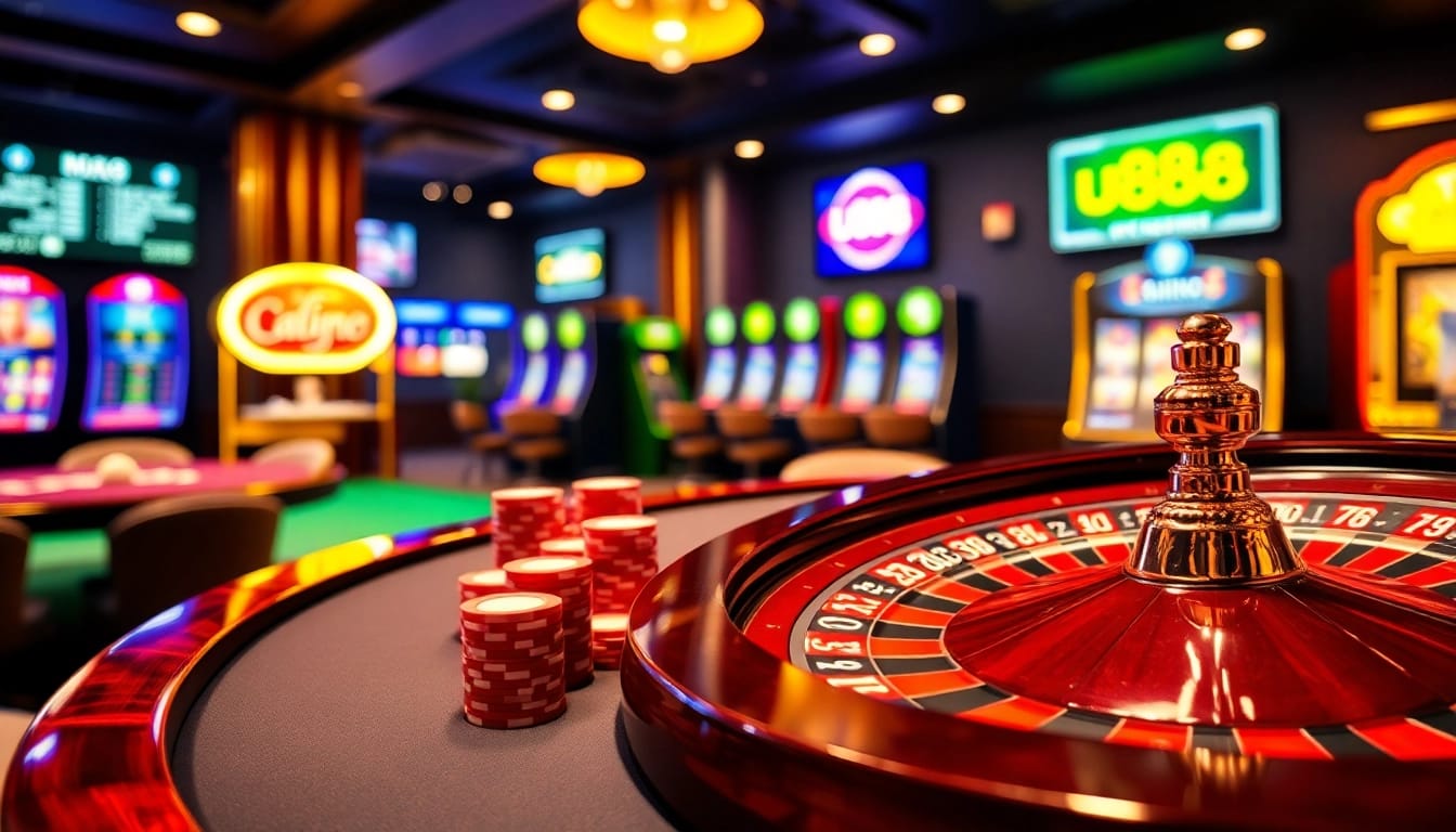 U888 online casino scene featuring poker chips on a polished table and roulette wheel, embodying excitement.