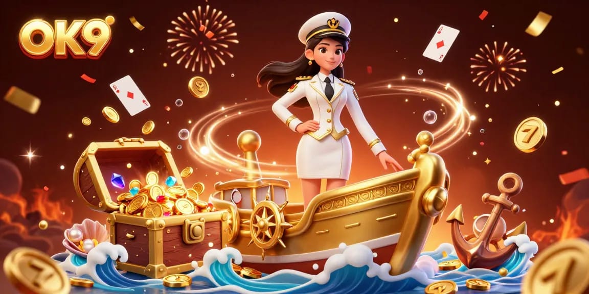 Immerse in OK9's thrilling casino adventure featuring gold coins, cards, and vibrant 3D elements.