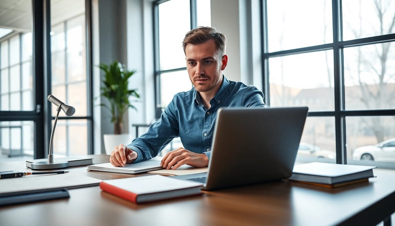 Vereidigter Übersetzer arbeitet in einem professionellen Büro, Betonung von Vertrauen und Expertise.