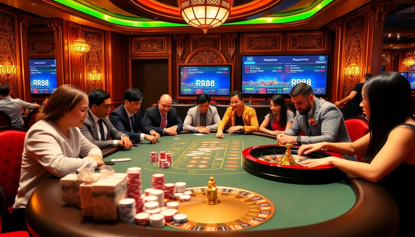 Experience the thrill of RR88 with an engaging poker scene featuring professional players and vibrant casino elements.