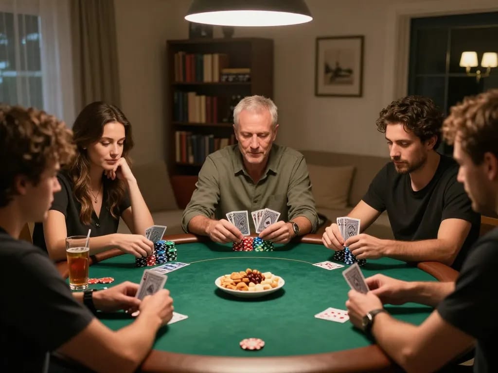 Friends enjoying a poker night at home, showcasing strategic gameplay with sc88 elements.