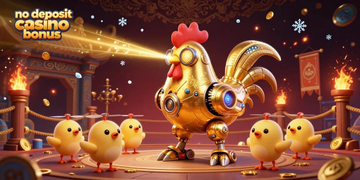 No deposit casino bonus offers animated excitement with a golden rooster robot and baby chick drones in a festive gambling setting.