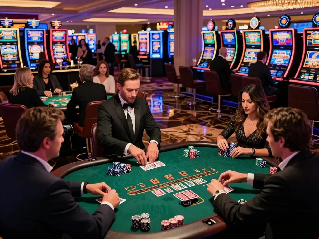 Engage in dynamic blackjack gameplay at https://va88.uno/ in a vibrant Las Vegas casino, showcasing casino excitement.
