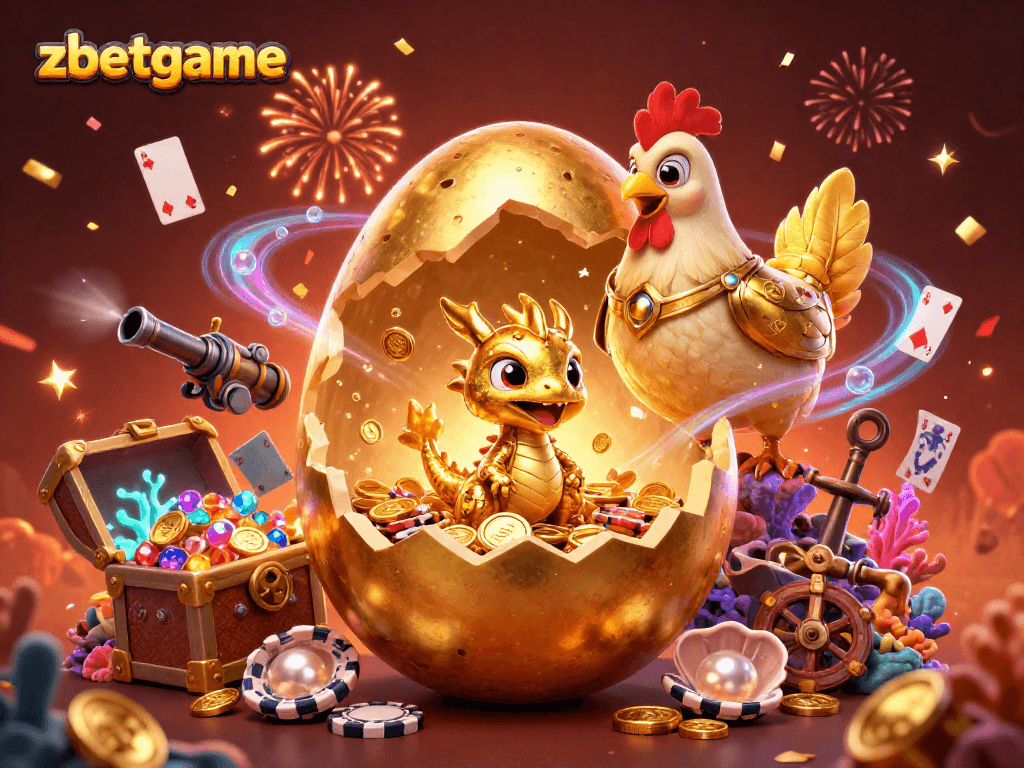 Experience zbetgame with a golden dragon atop poker chips and vibrant 3D casino elements.