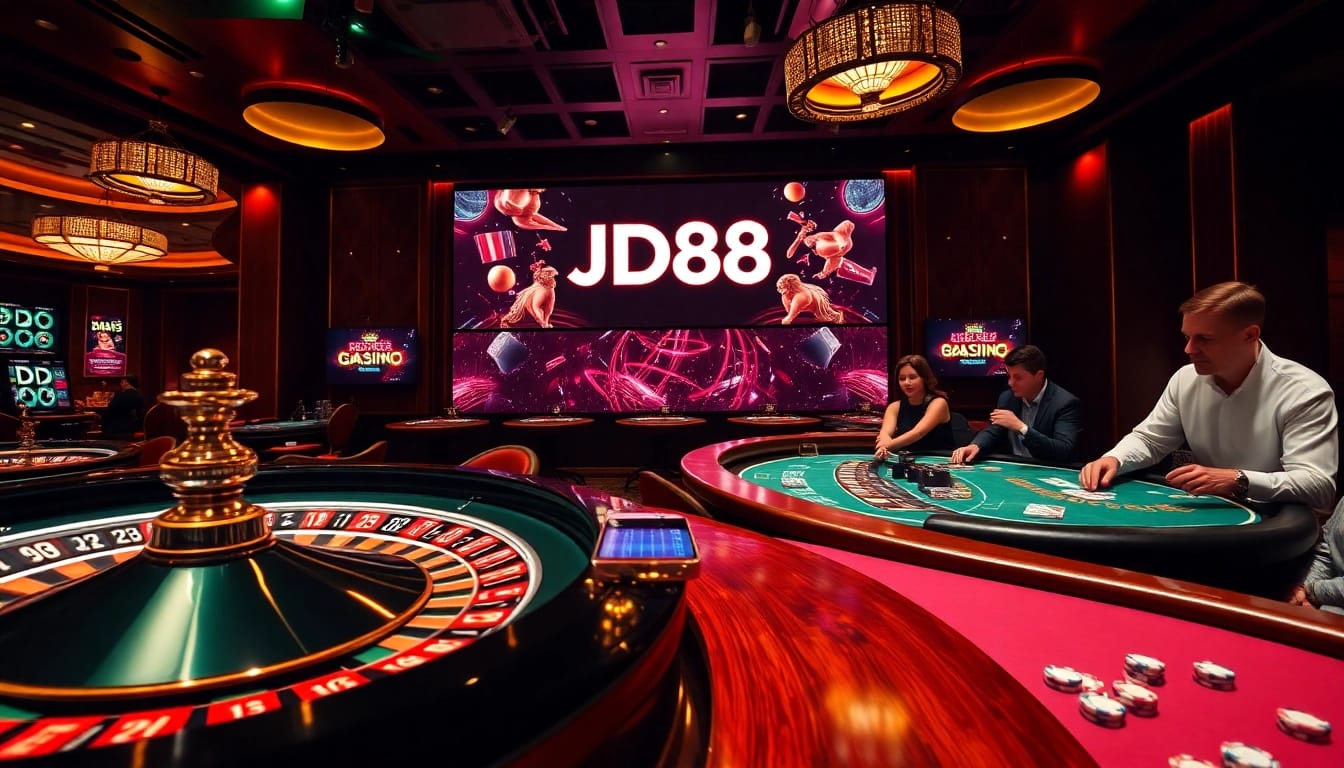Cảnh cá cược sôi động tại casino JD88 với bàn roulette và bàn poker.
