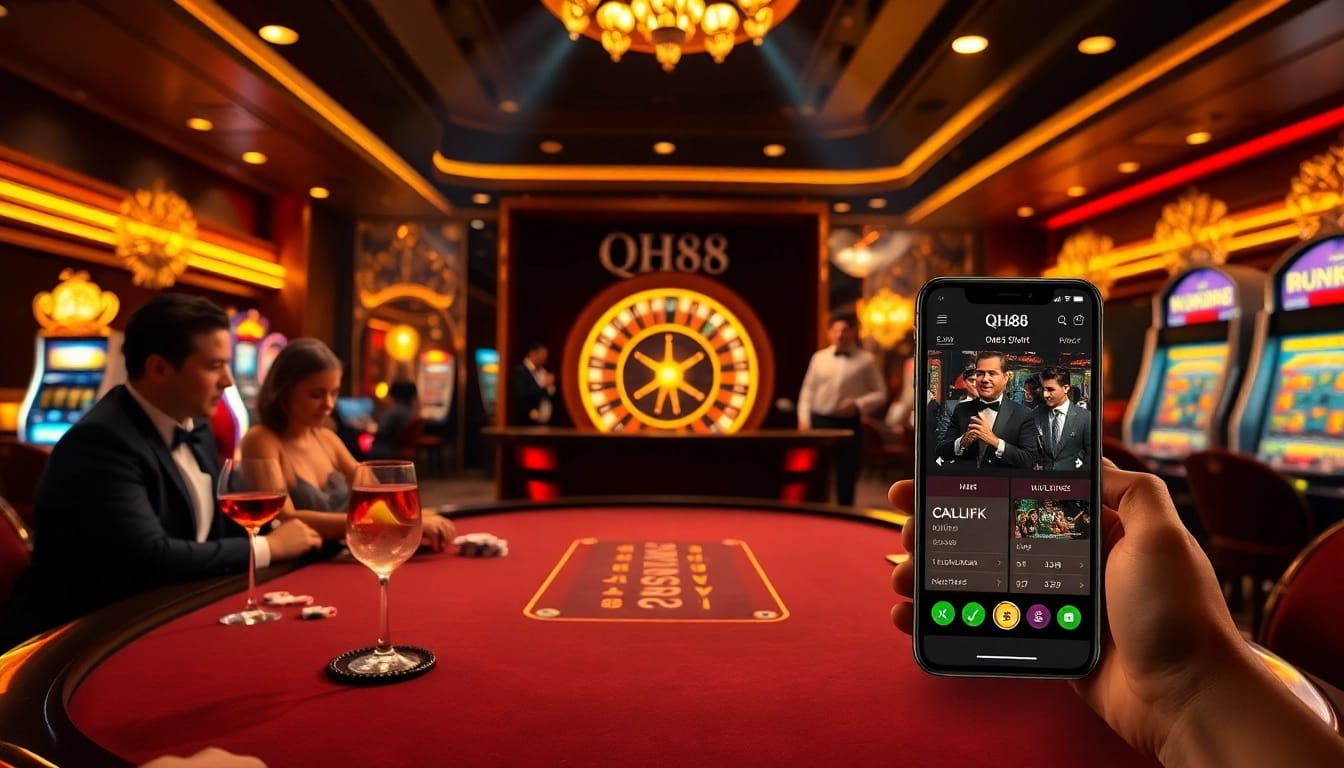 Players enjoying a strategic game at the QH88 poker table in a vibrant casino.
