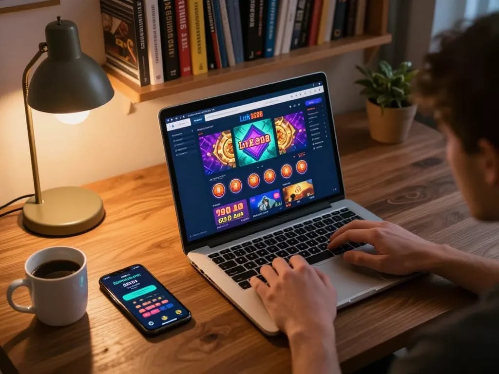 Engaged player exploring the Link SC88 casino interface on a laptop while enjoying a drink in a cozy setting.