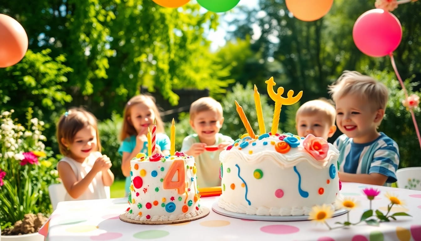 Kindergeburtstag 4 Jahre Feier mit bunten Ballons und fröhlichen Kindern.