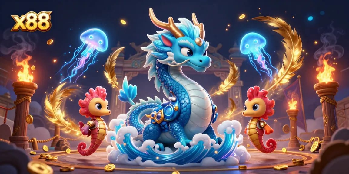 x88 brings excitement with stunning dragon, seahorse knight, and jellyfish in captivating casino scene.