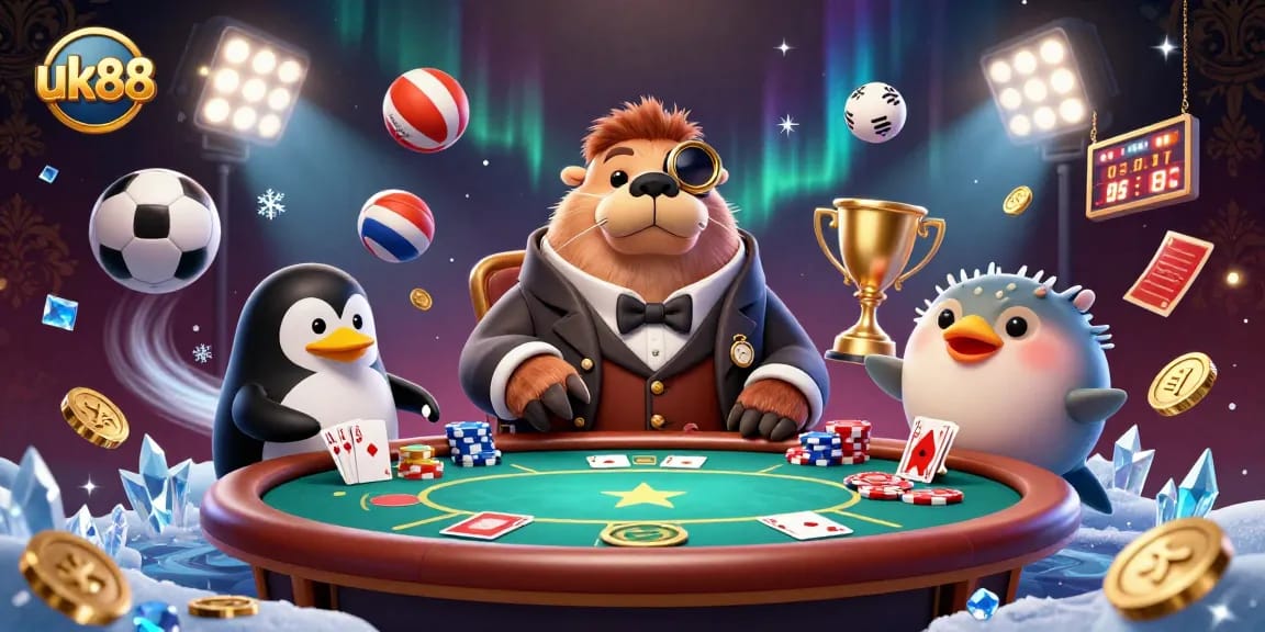 Engage in lively poker action with UK88's underwater scene featuring a walrus and a penguin dealer.