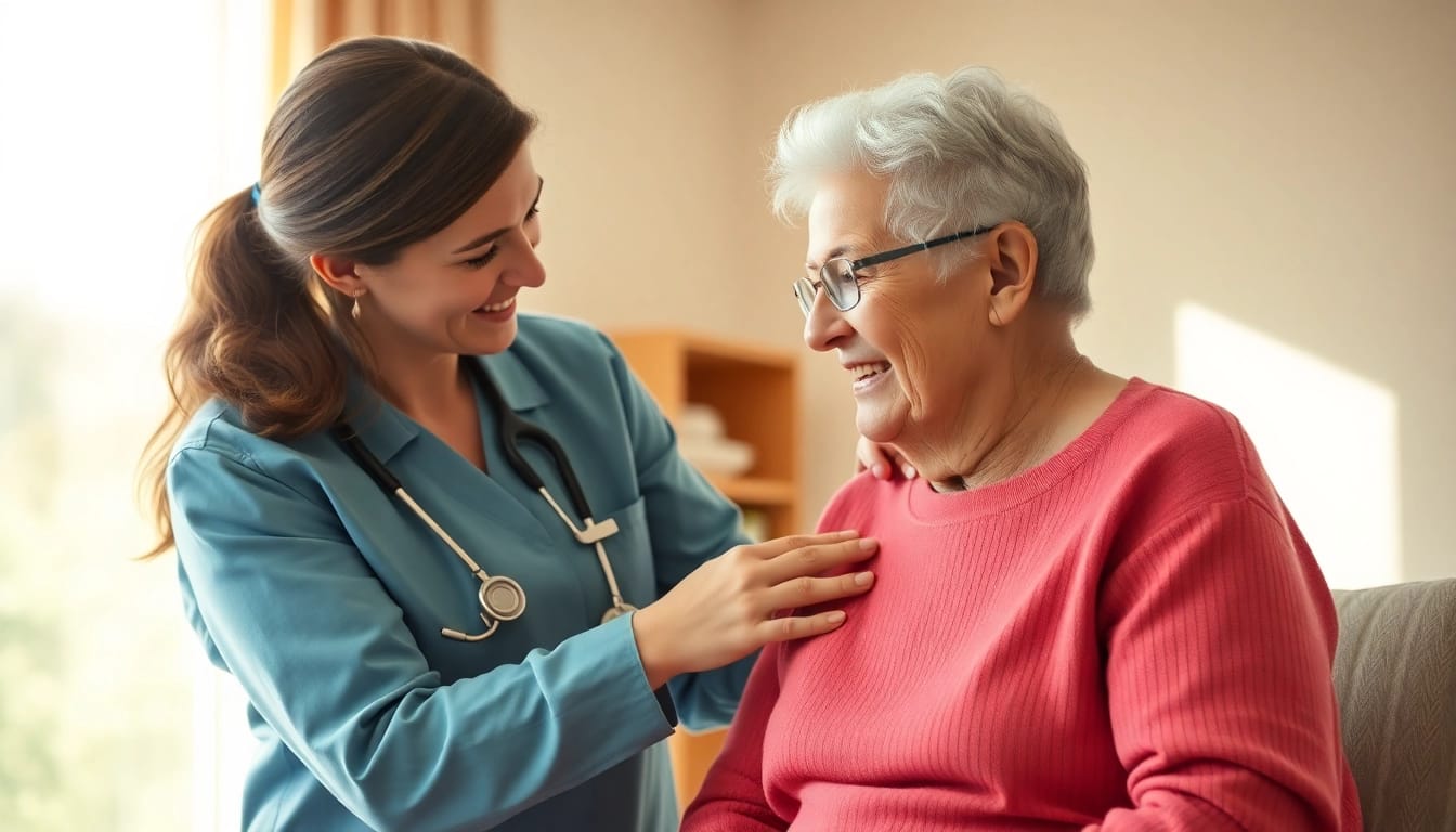 Engaging scene of a pflegefachkraft stelle hameln providing compassionate care to a senior in a pleasant environment.