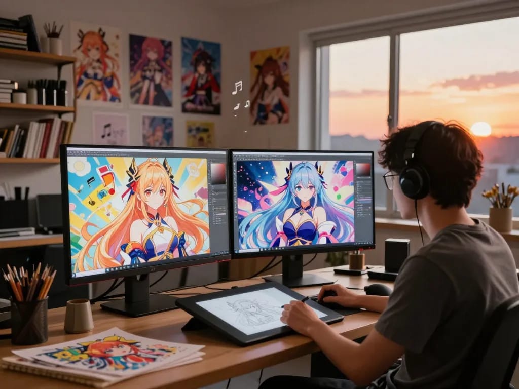 Creative workspace showcasing anime art; hentai ai chat inspirations surround the artist.