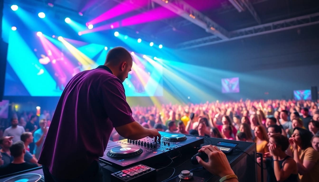 DJ in München energetically performing at a lively outdoor festival.
