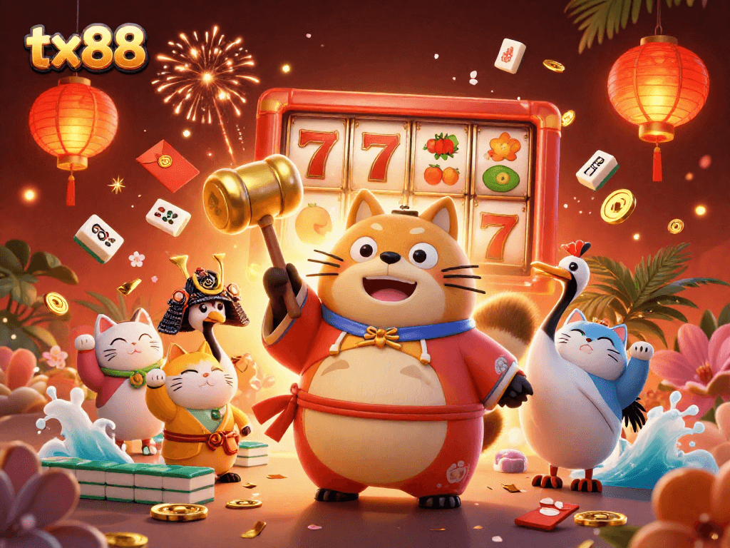 Win big with tx88 in a vibrant 3D casino scene featuring lucky symbols and cheerful characters.