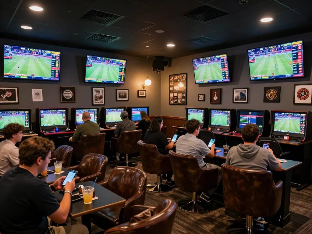Tỷ lệ kèo nhà cái hôm nay displayed on multiple big screens in a lively sports betting lounge filled with engaged gamblers.