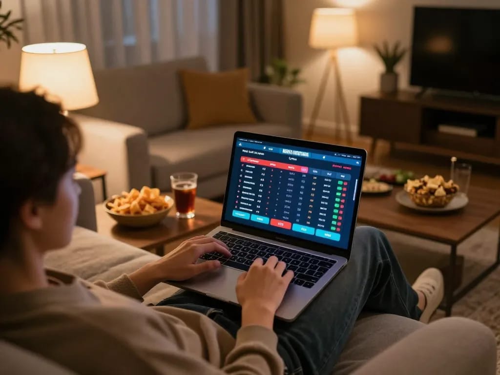 Engaging with kèo nhà cái while enjoying home sports betting in a cozy living room setting.