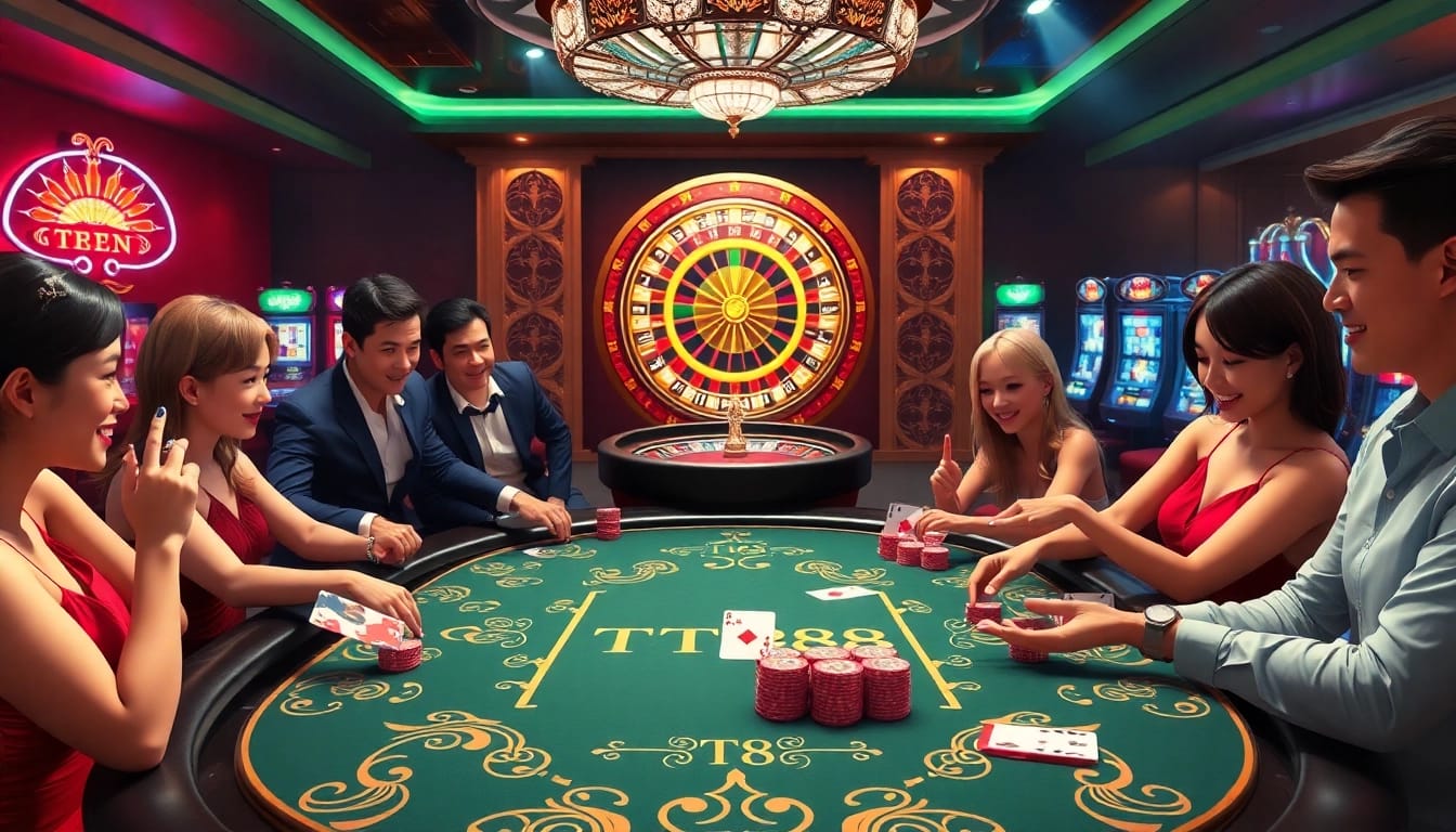 TT88 poker table showcasing excitement in a vibrant casino atmosphere.