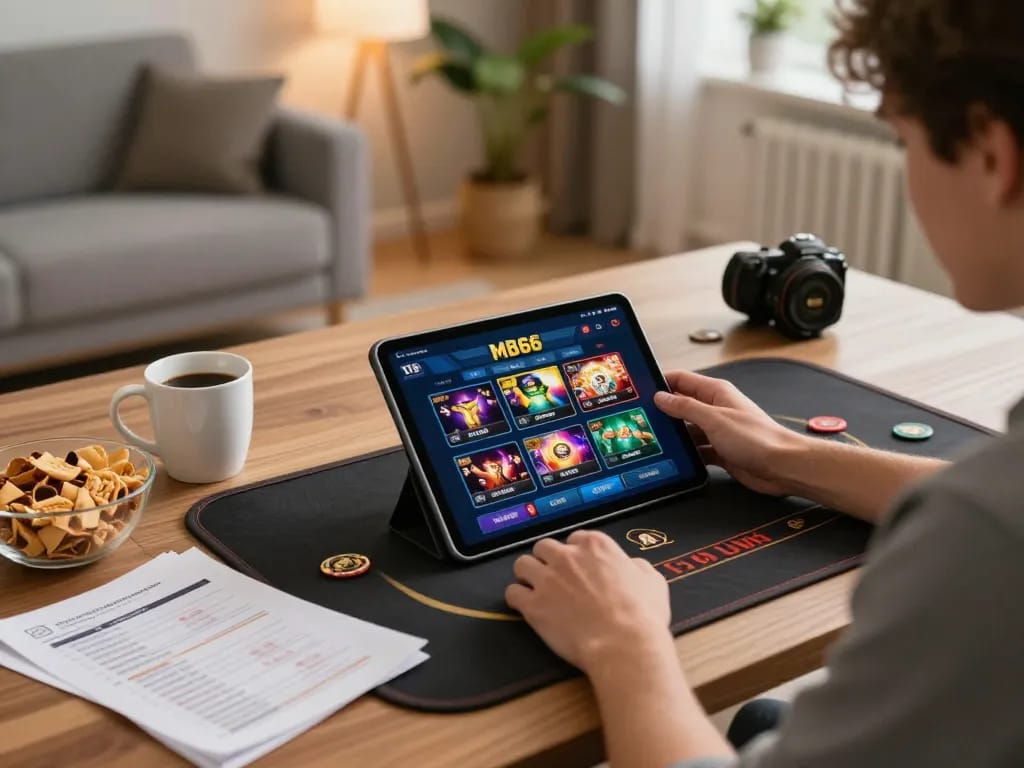 Player using the MB66 app for online gambling, highlighting a cozy gaming atmosphere at home.