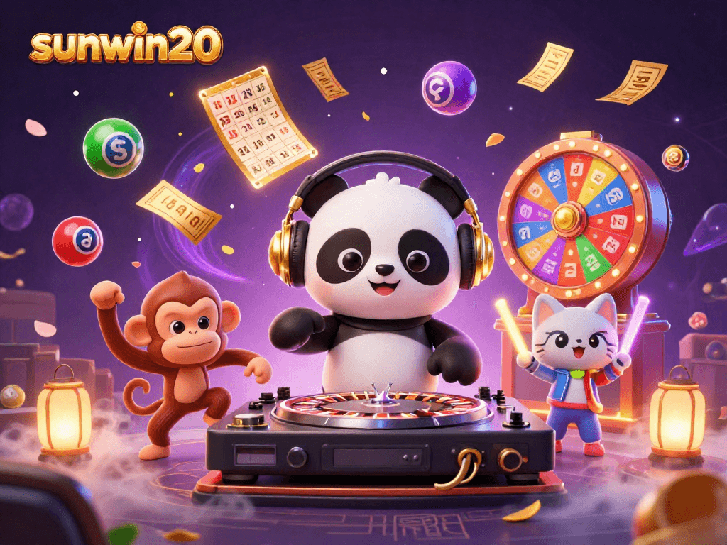 Experience excitement with sunwin20 as a DJ panda spins while lottery balls bounce around.