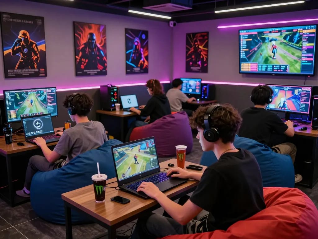 Kwin online gaming session with players engaged in multiplayer action, vibrant atmosphere with neon lights and energy drinks.