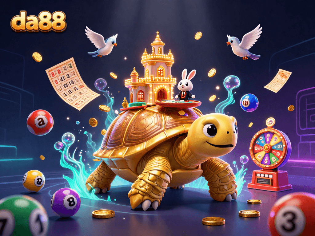 Enjoy casino excitement with da88's golden tortoise and vibrant game elements in this illustration.