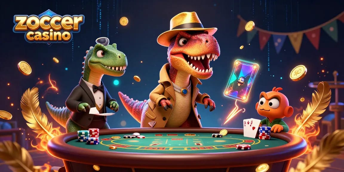 Zoccer casino brings an exciting blackjack atmosphere with cartoon characters, poker elements, and vibrant casino visuals.
