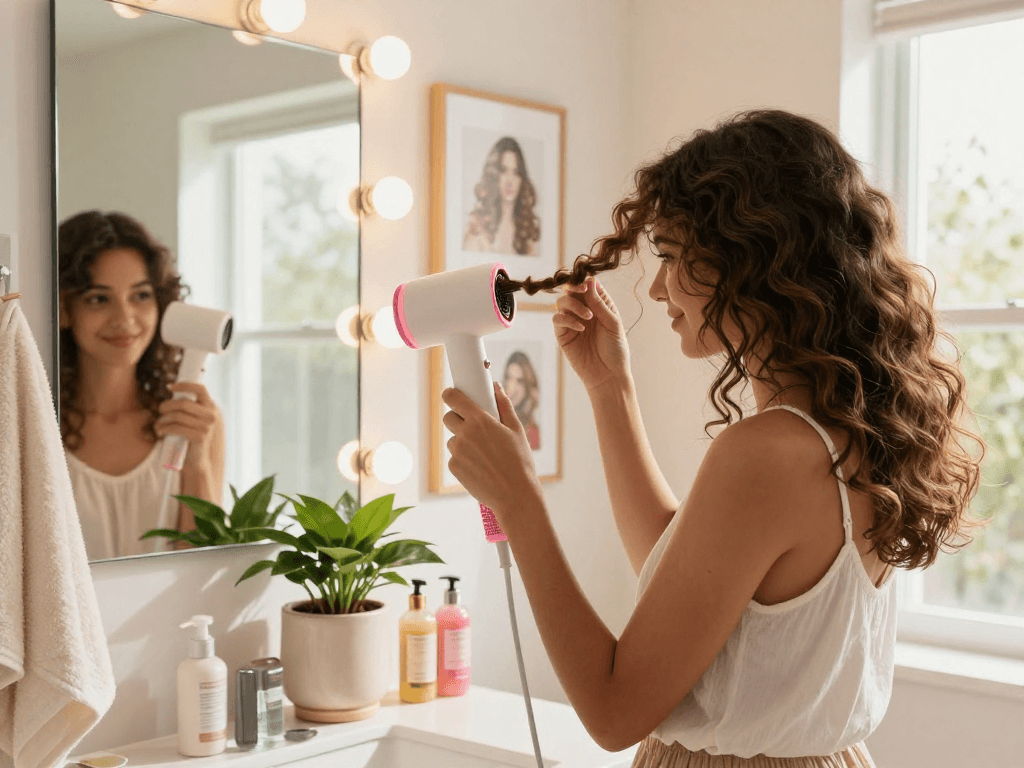 Young woman using a mini hair dryer for styling in a modern bathroom