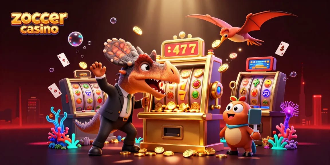 Win big at zoccer casino as a dinosaur headbutts a slot machine for jackpot coins.