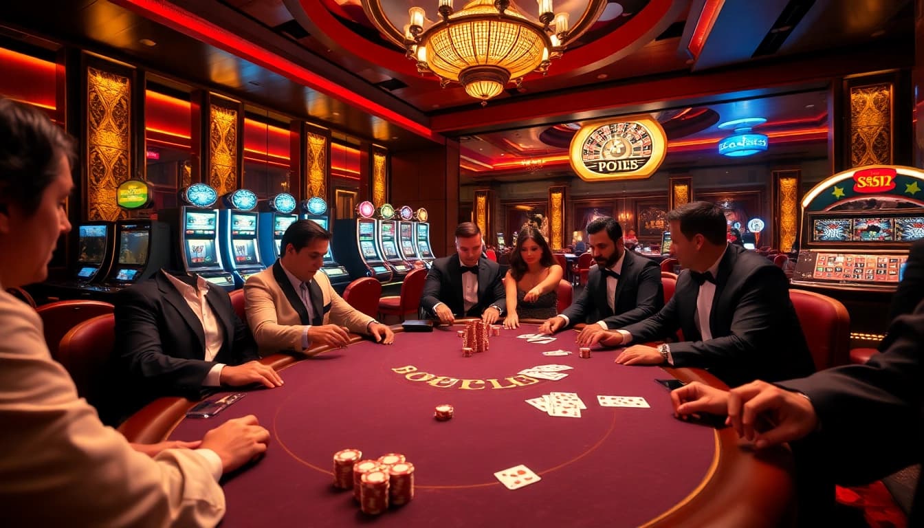 B52 Club players strategizing over an elegant poker table in a luxurious casino setting.