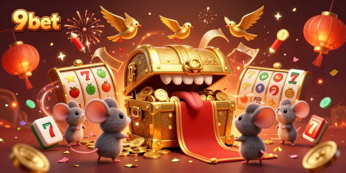 Experience the excitement with 9bet's golden treasure masques attracting adventurer mice in a vibrant casino scene.