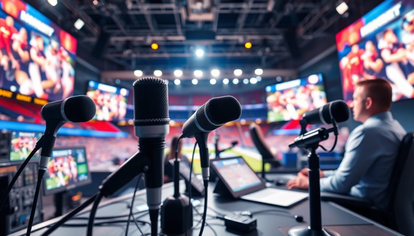 Engaging scene of Sports Broadcasting with dynamic commentators in a vibrant studio setting.