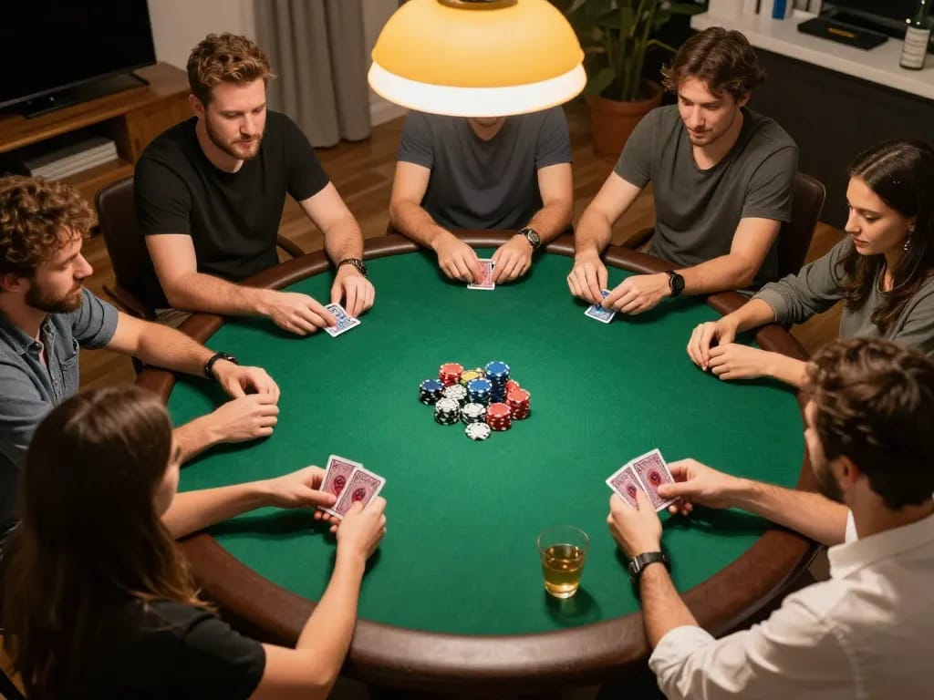 Friends enjoying a lively poker game night, showcasing 888NEW strategies in a friendly competition.