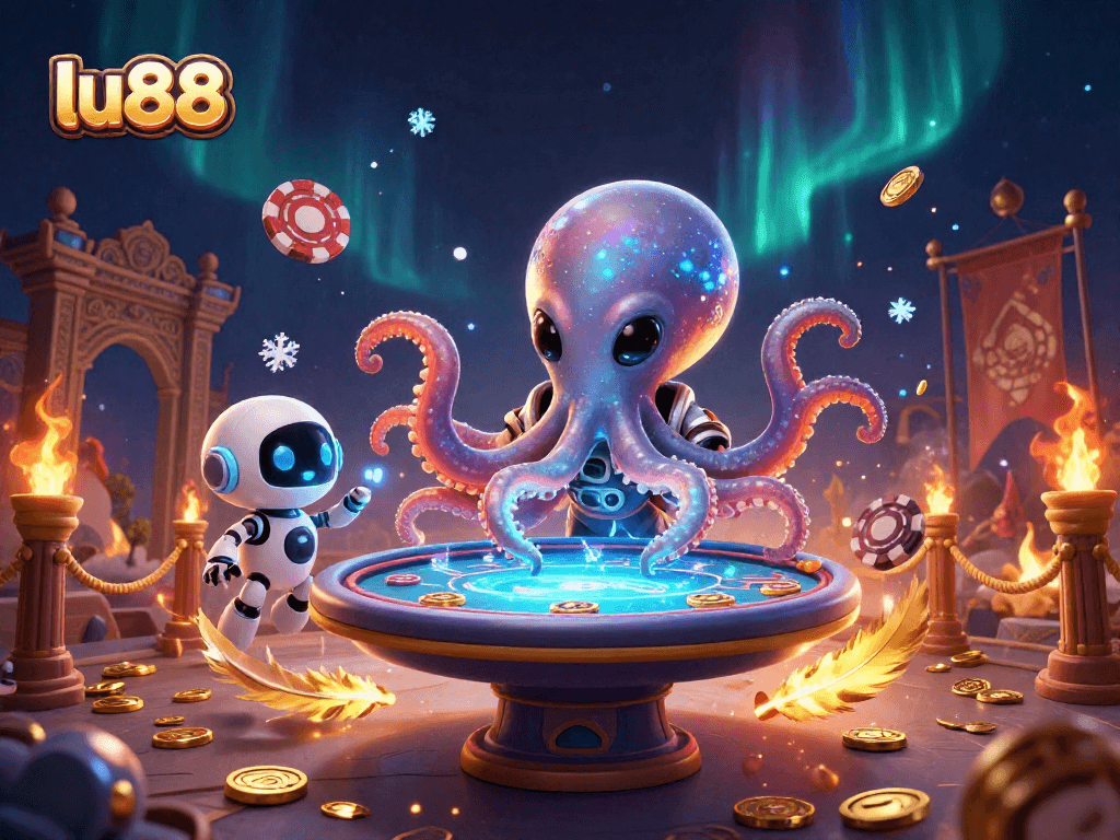 Engage with LU88's thrilling features through the alien octopus at a floating poker table.