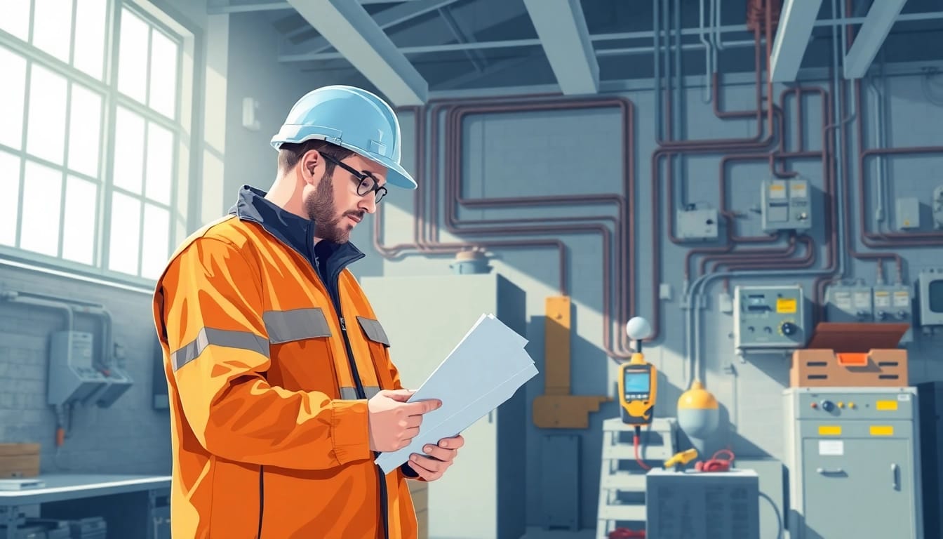 Technician performing a DGUV V3 Prüfung in a bright workshop, ensuring safety standards.