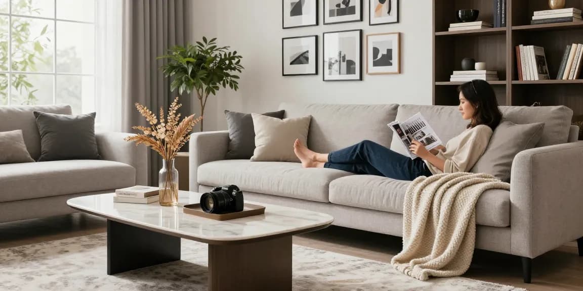 Entdecken Sie stilvolle Möbeloptionen beim Möbel Kaufen in einem gemütlichen Wohnzimmer mit einem modernen Sofa und dekorativen Elementen.