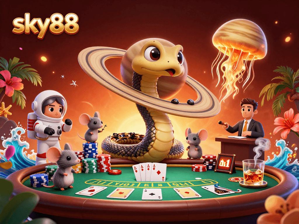 Experience thrilling gameplay at sky88 with animated gaming characters placing bets in a vibrant casino scene.