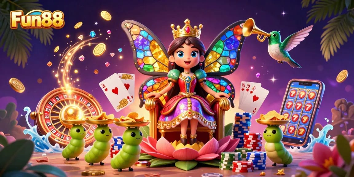 Experience Fun88 with vibrant illustrations showcasing a butterfly queen and exciting casino elements.