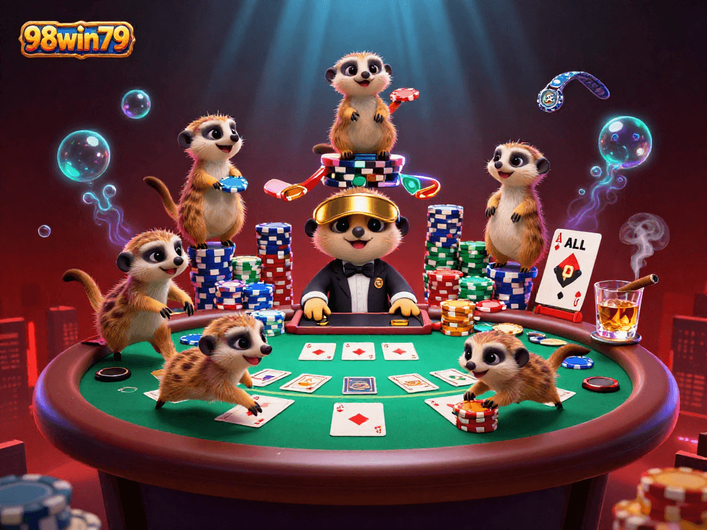 Engage with the vibrant casino scene featuring meerkats, showcasing 98win79 theme and rich gambling elements.