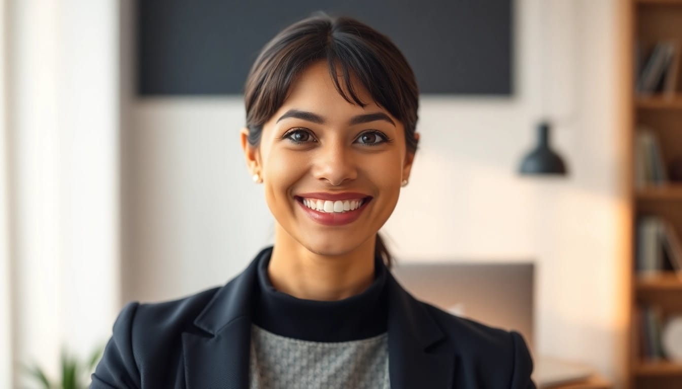 Enhance your career with the best ai headshot generator showcasing a professional smiling woman against a warm background.