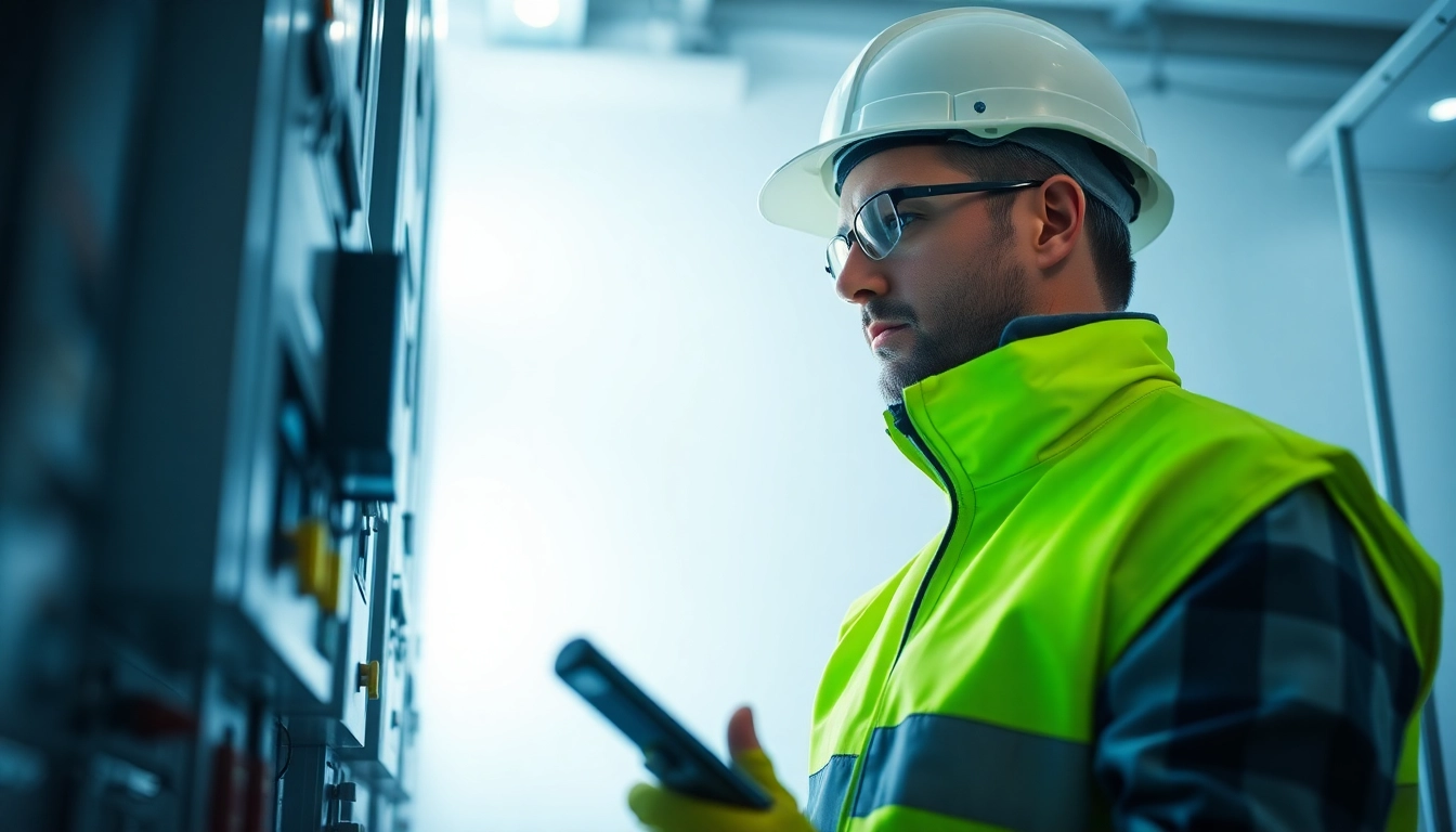 Electrician performing a DGUV V3 Prüfung on electrical equipment using specialized tools.